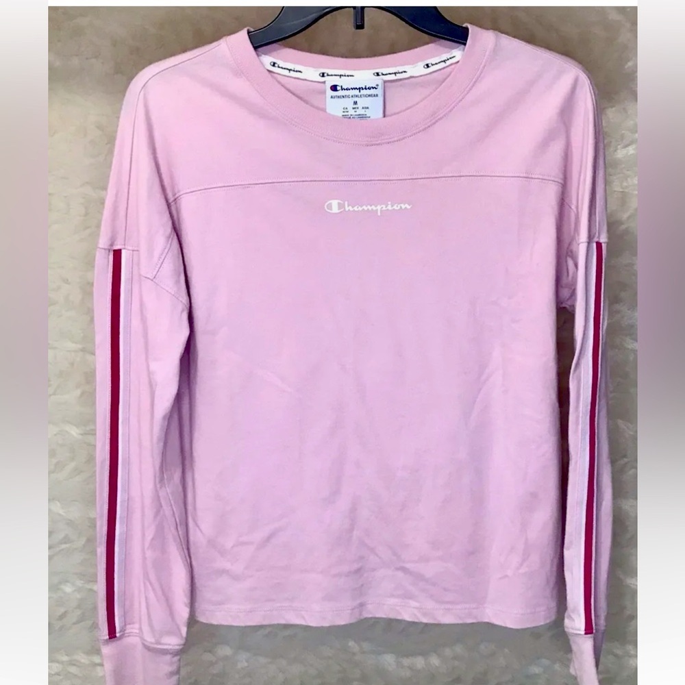 Champion S Light Pink Hot Pink Stripe Logo Long Sleeve Shirt